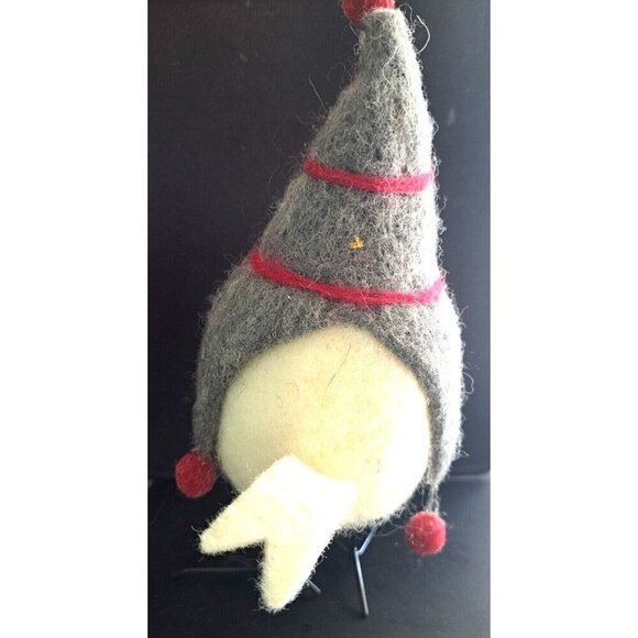 Felted Cream Colored Bird in Gray and Red Stripe Gnome Hat Black Wire Legs - Picture 4 of 7